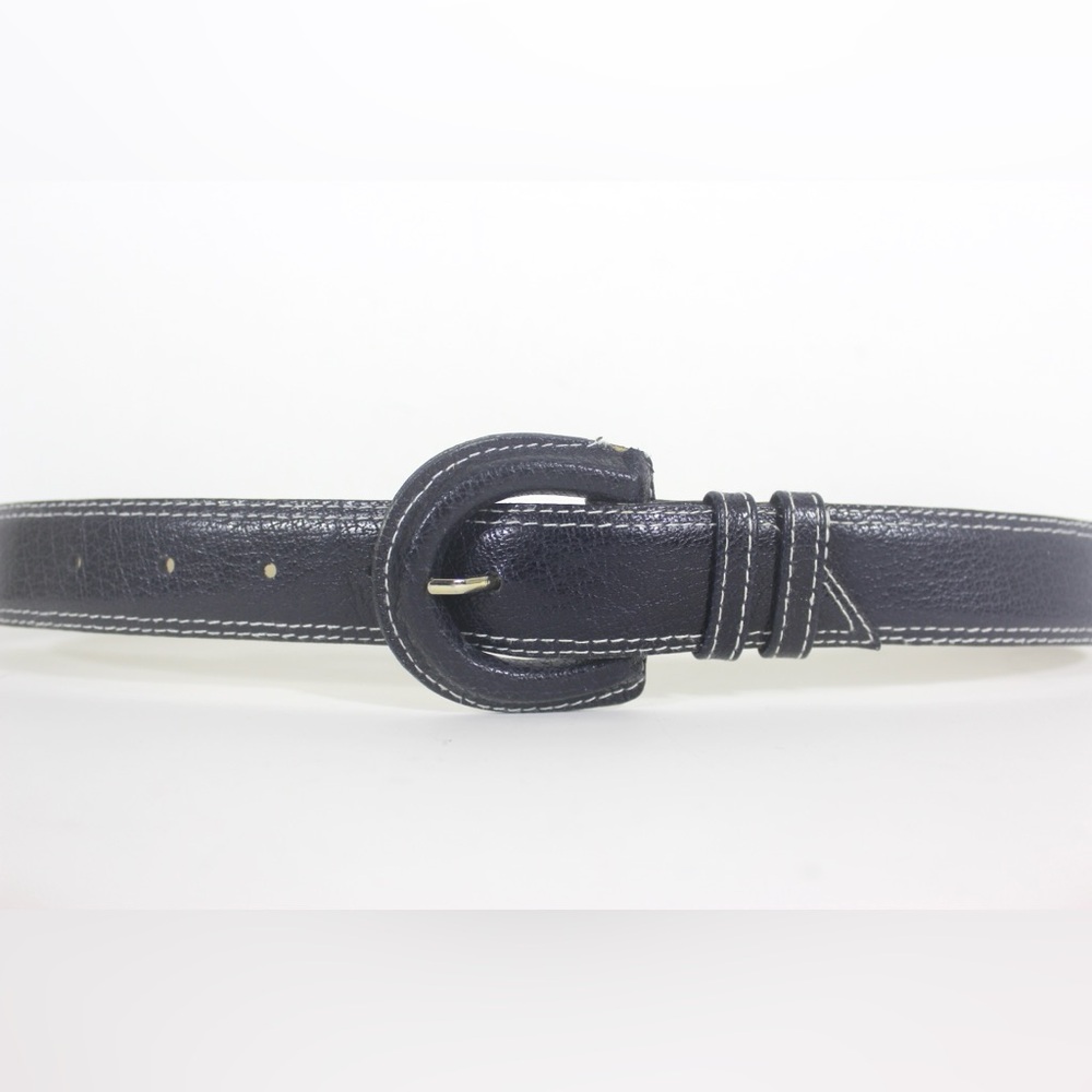 Vintage Textured Blue/Black Leather Belt with White Topstitching Self Covered